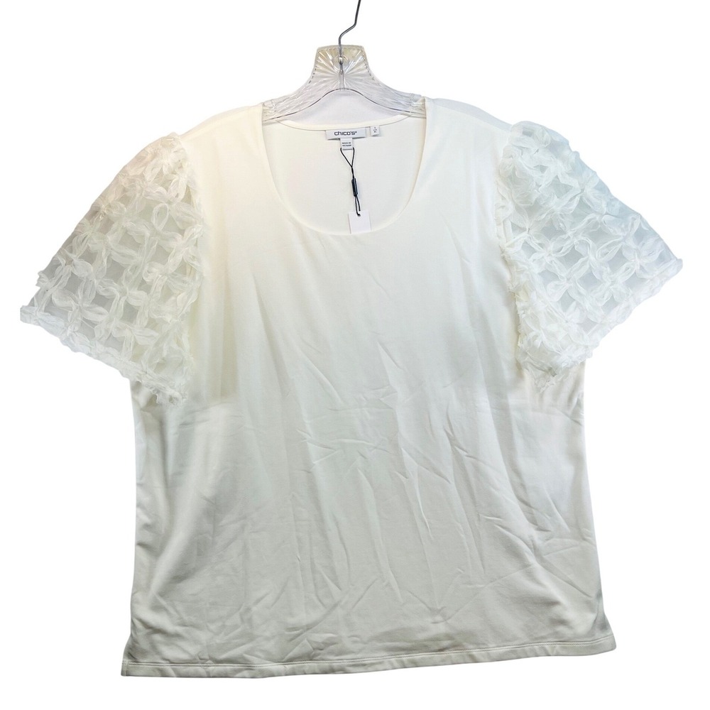 Chicos Novelty 3D Applique Tee Top SS Knit Fashion Ecru White Size 3 XL NWT